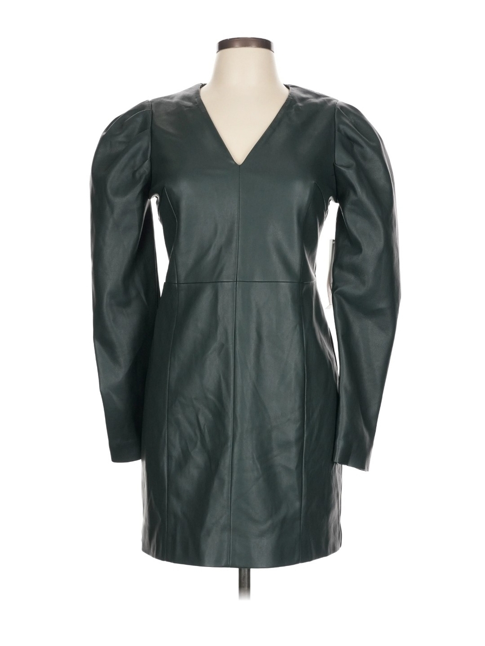 Aqua Deep Forest Green Faux Leather V-Neck Puff Sleeve Dress